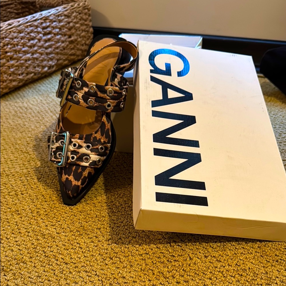 Ganni Brown Leopard Print Flats with Buckles